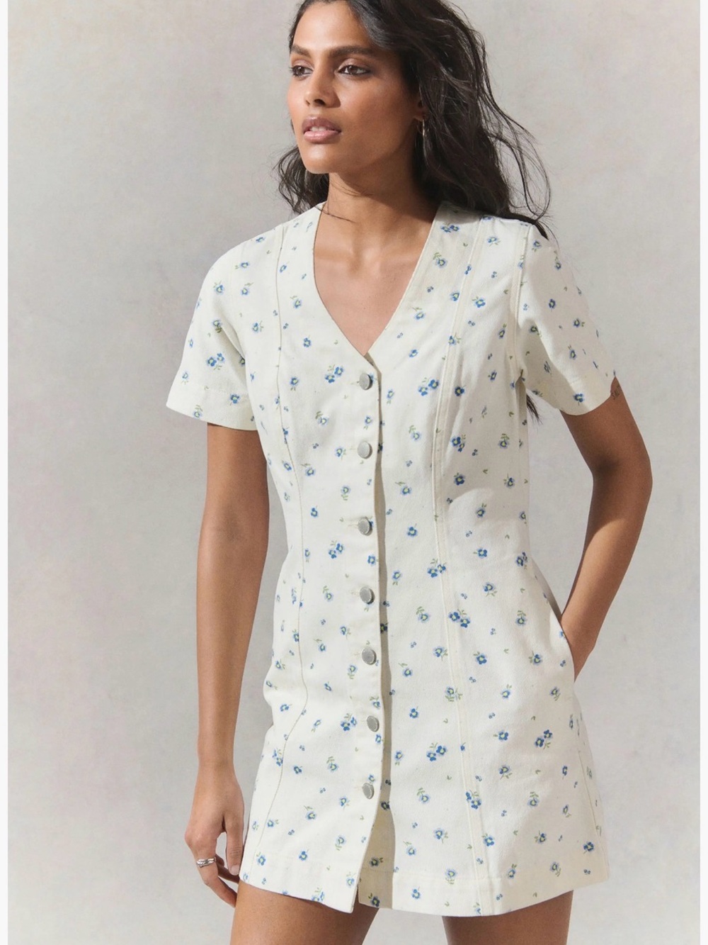 next Cream Mini Dress with Blue Floral Print